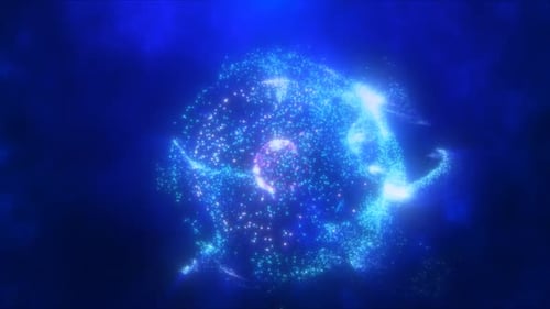 Abstrakte runde blaue und violette Kugel aus fliegenden Partikeln. Video 4k, Bewegungsdesign