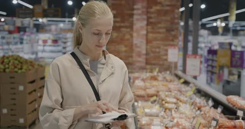 Young Woman Reading Document and Checking Products in Supermarket Pointing at Food