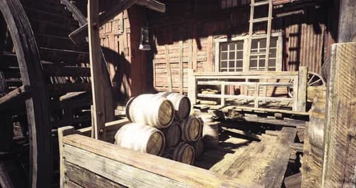 Historic Building with Wooden Barrels in an Old Storage Area