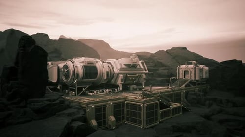 Colonist Base Situated on a Distant Planet Amidst Rocky Terrain at Sunset
