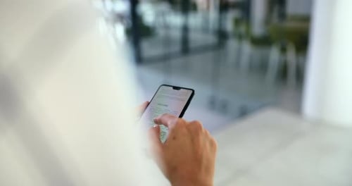 Businesswoman hands search mobile phone screen, office and reading notification