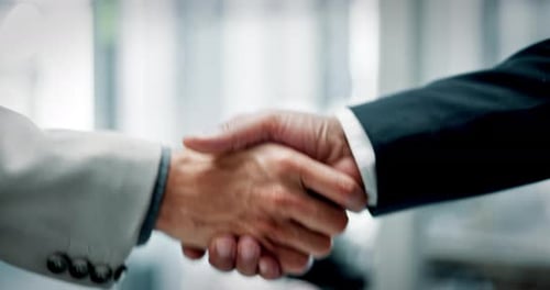 Business, men and meeting with handshake in office for welcome, introduction and partnership