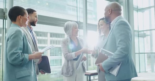 Welcome, introduction and business people shaking hands for onboarding on deal