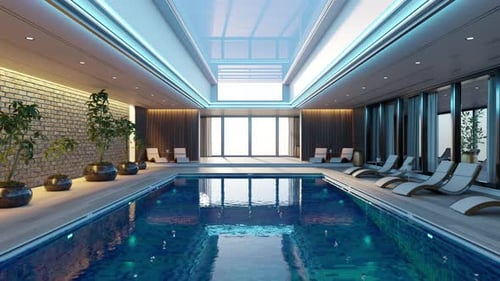 Piscine intérieure luxueuse avec transats et lucarne