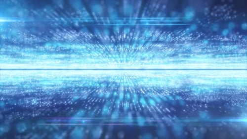 Abstract blue energy hi-tech lines and digital particles fly in a tunnel