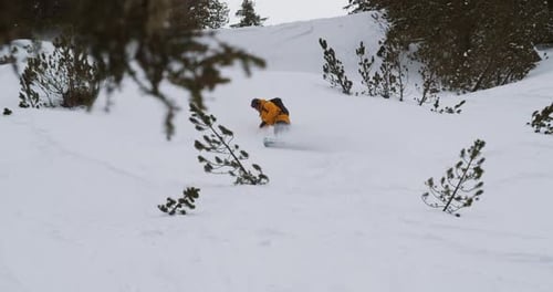 Snowboarding down the off piste slopes in slowmotion. Fresh powder snow spray. Zillertal, Austria