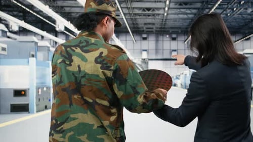 Soldier and Microchip Factory Engineer Discuss About Silicon Wafer