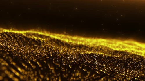 Golden glowing wave of particles flowing in dark space. Abstract shimmering motion background in 4K