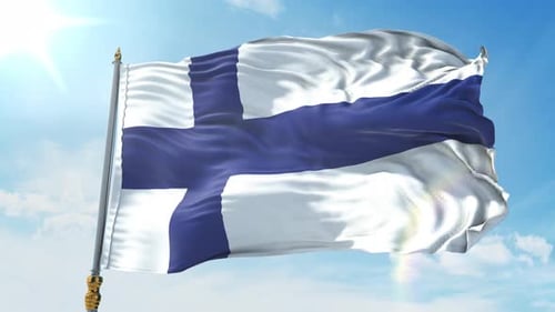 Realistic Finland Flag Waving Against a Bright Blue Sky