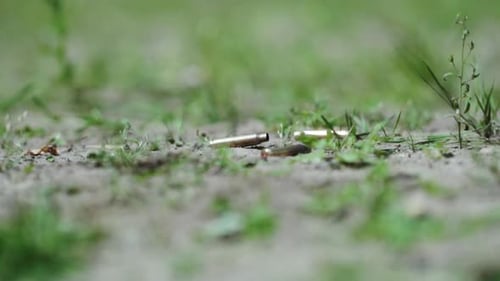 Bullet Casings Fall to Ground After Gunfire During Military Conflict in Warzone Grass