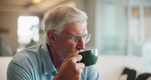 Man Drinking Coffee, Close Up Smiling