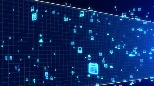 Futuristic Digital Network with Glowing Tech Icons Flowing on a Grid