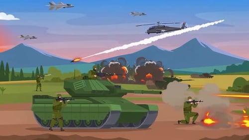 Animated Military Battle Scene with Soldiers and Vehicles