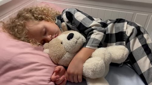 Child Sleeping Peacefully with Stuffed Animal in Bed