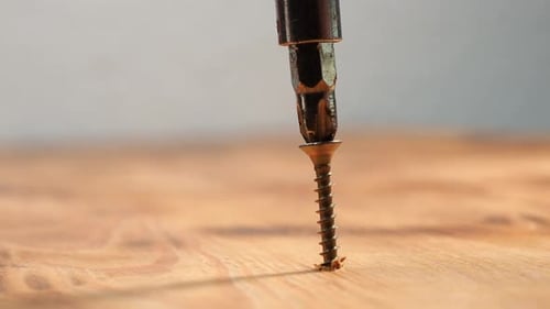 Screwdriver Twisting Metal Screw Into Wooden Surface