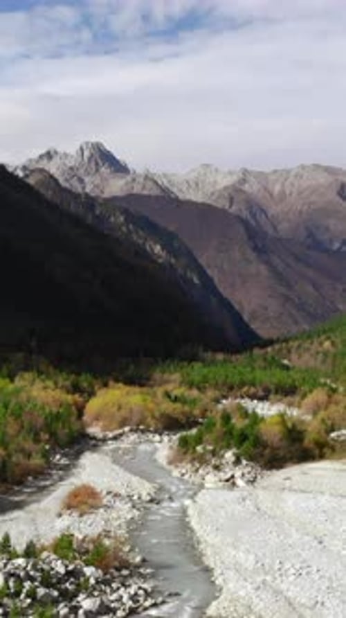 Aerial View Flying Over Mountain River Valley Media