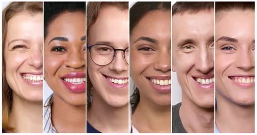 Collage of smiling and happy people portraits.