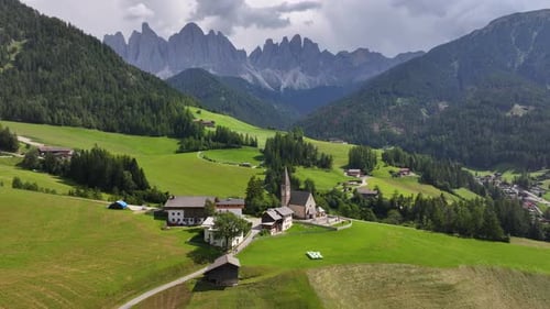 Aerial View of Chiesa Di Santa Maddalena in Funes Valley Dolomites Italy
