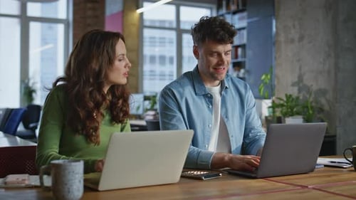 Office Friends Working Computers in Table Coworking Space Closeup Teamwork Job