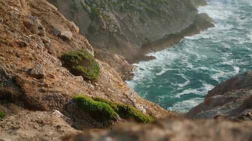 Sea Beach Cliff Nature Aerial View. Rocky Shore Island with Foamy Ocean