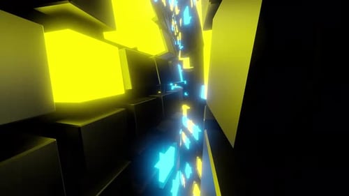 VJ animation background. The camera flies inside the waves of a tunnel with blue and yellow metal sq
