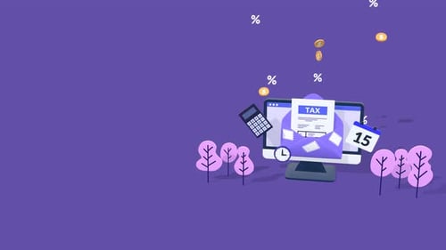 Animated Tax Form on Computer Monitor with Calculator, Calendar and Copy Space.