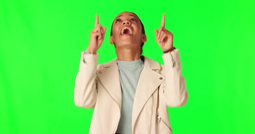 Green screen, direction or happy woman, pointing up and excited for commercial