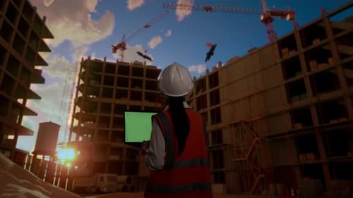 Back View Of Asian Female Engineer Working On A Green Screen Laptop At Construction Site