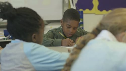 MS Jeunes écoliers et écolières dessinant en classe