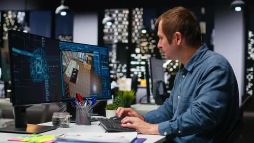 Professioneller Architekt verwendet ein neuronales KI-Netzwerk, um den Grundriss einer Wohnung zu erstellen