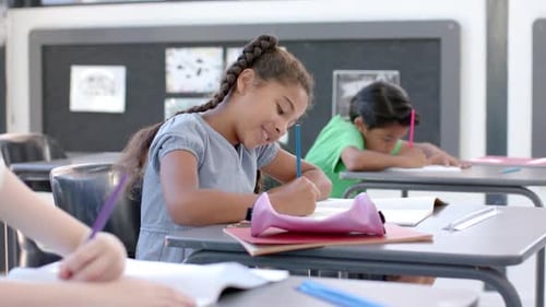 Biracial girl smiles during a school lesson in a classroom