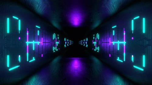 Turquoise And Purple Neon Cyber Tunnel With Holograms Background Vj Loop In 4K