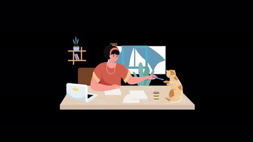Flat Design Animation of a Woman Working with a Cat