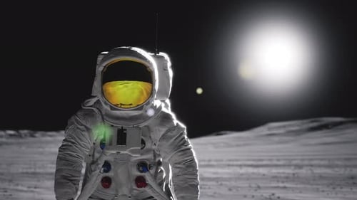 Astronaut Standing on Moon Surface with Distant Sun