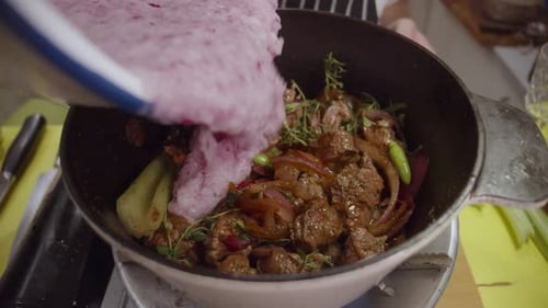 Adding Red Onion to Spicy Beef Stew