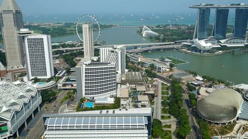 Singapore 2016. Zoom out general view time lapse of modern skyline, downtown skyscrapers, Marina Bay
