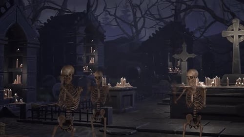Dancing Skeletons in Spooky Graveyard at Night for Halloween
