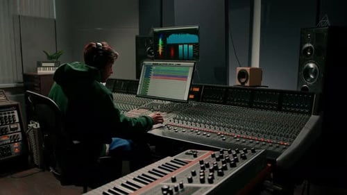 Energetic audio engineer producer working in recording studio mixing tracks on console and hit maker