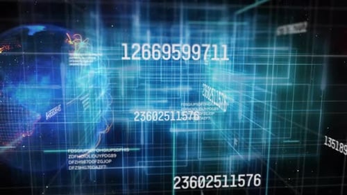Digital animation of changing numbers and light trails over globe against night sky