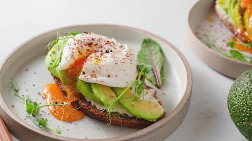 Appetizing Avocado Toast with Poached Egg Close Up