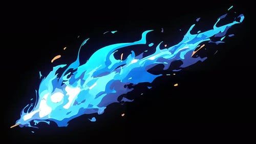 Blue anime-style fireball and comet animation with glowing flames and dynamic motion on black