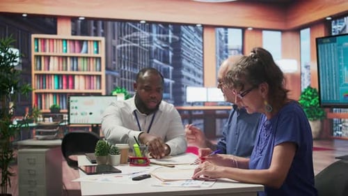 Elderly Woman Shaking Hands with Financial Broker in Modern Office