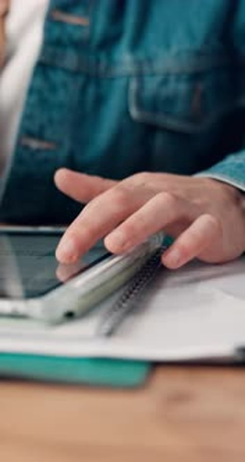Scroll, hands of person in office with tablet, economy research or browsing for news story idea