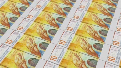 10 SWISS FRANC banknotes printing by a money press