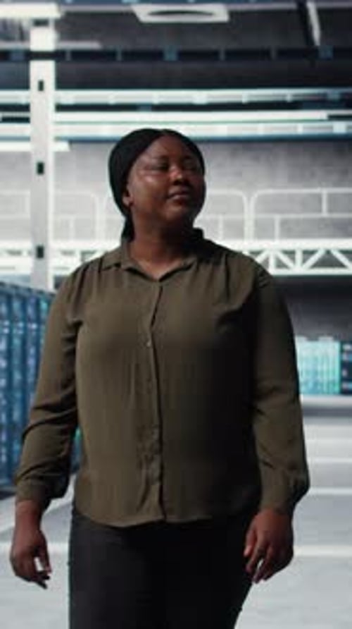 Vertical Video Engineer Walking in Data Center Checking Hardware for System Stability