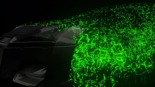 Futuristic Car Emerges from Green Digital Hexagon Grid