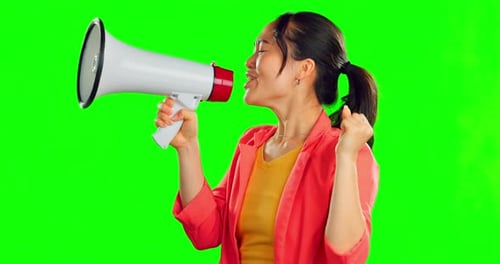 Megaphone, green screen studio and Asian woman with speaker for justice and change