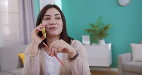 Close Up Portrait of Smiling Businesswoman Talking on Mobile Phone in Home Office Happy Girl