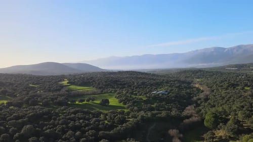 drone flight in a valley with forest in the morning with the mist entering between the mountains in