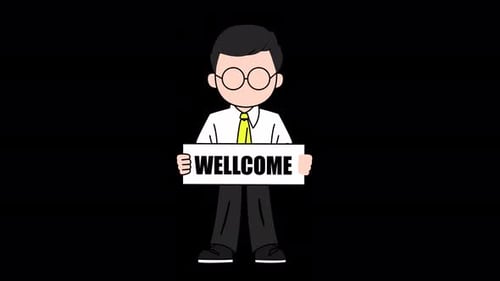 Flat Design Cartoon Man Holds Welcome Sign Animation